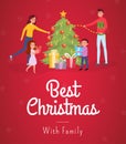 Best christmas flat banner vector template. Cheerful parents with kids, family decorating fir tree cartoon characters Royalty Free Stock Photo