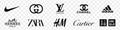 The best clothing brands in the world. Top 10. Set of logos. Nike, Louis Vuitton, Gucci, Chanel, Adidas, HermÃ¨s, Zara, H&M,
