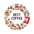 Coffee flat icons. Round frame - wreath. Royalty Free Stock Photo