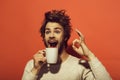 Best coffee. ok gesture of surprised man with cup of coffee Royalty Free Stock Photo