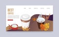 Best coffee web vector banner. Landing page of best start of the day. Cups and mug of freshly made coffee. Concept of Royalty Free Stock Photo