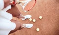 She is the best! Cropped top view of a sporty young woman legs on clay tennis court with tennis balls on the ground. Sexy tennis Royalty Free Stock Photo