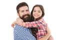 Best dad ever. Father and daughter hug white background. Child and dad best friends. Friendly relations. Parenthood and