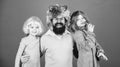 Best dad ever. Father hug daughters. Just for fun. Party time. How crazy is your father. Man bearded father and kids