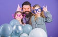 Best dad ever. Fathers day. Daughters need father actively interested in life. Birthday party. Father with two daughters Royalty Free Stock Photo