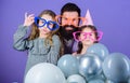 Best dad ever. Fathers day. Daughters need father actively interested in life. Birthday party. Father with two daughters Royalty Free Stock Photo