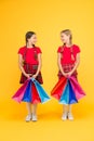 Best day ever. Shopping with friend. Children hold packages. Girls with shopping bags. Rediscover great shopping Royalty Free Stock Photo