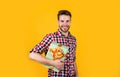 best day. happy birthday to you. male holiday celebration. bearded guy with party balloons and gift box. unshaven Royalty Free Stock Photo