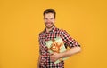 best day. happy birthday to you. male holiday celebration. bearded guy with party balloons and gift box. unshaven Royalty Free Stock Photo