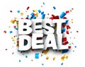 Best deal sign over colorful cut out foil ribbon confetti background Royalty Free Stock Photo