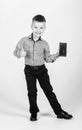 Best device ever. childhood. Business communication. confident child has business start up. Modern life. little boss Royalty Free Stock Photo