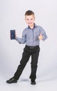 Best device ever. childhood. Business communication. confident child has business start up. Modern life. little boss Royalty Free Stock Photo