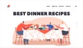 Best Dinner Recipes Landing Page Template. Parents and Children Eating Lunch. Happy Family Mother, Father and Kids