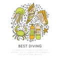 Best diving hand draw icon concept. Diving equipment and sealife in one round form, diving and water adventure icons