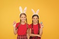 best easter egg hunt. children at egg hunt in bunny. happy easter. funny girls with Easter eggs. family preparing for Royalty Free Stock Photo