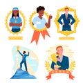 Best employees set, portraits of best workers and winners of golden cups and medals