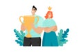 The best employees. Vector illustration of a young man with a golden winner cup and a girl with a crown on his head