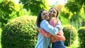 Best female friends hugging outdoors, happy to see each other, sisters relations Royalty Free Stock Photo
