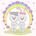 Best freands cute animal bear and hare in cartoon style.