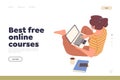 Best free online course concept for landing page with happy woman watching webinar on laptop
