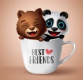 Best friend cute bear and panda animal characters vector design. Best friends text in white mug element with friendly baby panda.