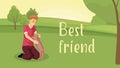 Best friend flat banner vector template. Pet adoption, animal care poster design with cartoon character. Kid with dog