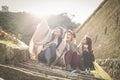 Best friend making self picture in the public park. Girls Royalty Free Stock Photo