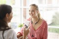 Best friend young women talking happy, having conversation of healthy lifestyles at home