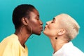 Best friends can be soulmates too. Studio shot of two young women kissing against a turquoise background.