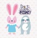 Best friends cute rabbit and sloth holding hands card