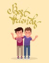 Best friends in an embrace. Funny boys with calligraphic inscription with shadow. Vector illustration