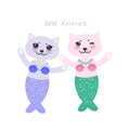 Best friends. fantasy cat mermaid funny Kawaii face with pink cheeks, green lilac blue isolated on white background. Can be used