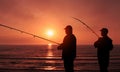 Best Friends Fishing Together At sunrise On the Cost