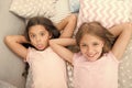 Best friends forever. Consider theme slumber party. Slumber party timeless childhood tradition. Girls relaxing on bed Royalty Free Stock Photo