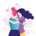 Colorful portrait of two best friends. Cute homosexual couple hugging. Women hug each other. Female friendship. Meeting with loved