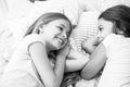 Best friends forever. Girls relaxing on bed. Slumber party concept. Girls just want to have fun. Invite friend for