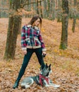 Best friends. Girl enjoy walk with husky dog. Siberian husky favorite pet. Animal husbandry. Girl pretty stylish woman Royalty Free Stock Photo