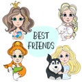 Best Friends. Girls with pets vector illustration