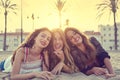 Best friends girls at sunset beach sand Royalty Free Stock Photo