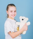Best friends. Imaginary friend. Little girl play with soft toy teddy bear. Happy childhood. Child care. Sweet childhood Royalty Free Stock Photo
