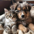 Best friends - kitten and small fluffy dog looking. Generative ai Royalty Free Stock Photo