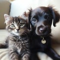 Best friends - kitten and small fluffy dog looking. Generative ai Royalty Free Stock Photo