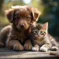 Best friends - kitten and small fluffy dog looking. Generative ai Royalty Free Stock Photo