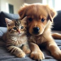 Best friends - kitten and small fluffy dog looking. Generative ai Royalty Free Stock Photo