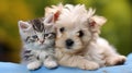 Best friends - kitten and small fluffy dog looking sideways - copy space. Generative AI Royalty Free Stock Photo