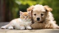 Best friends - kitten and small fluffy dog looking sideways - copy space. Generative AI Royalty Free Stock Photo