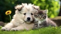 Best friends - kitten and small fluffy dog looking sideways - copy space. Generative AI Royalty Free Stock Photo