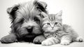 Best friends - kitten and small fluffy dog looking sideways - copy space. Generative AI Royalty Free Stock Photo