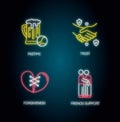 Best friends neon light icons set. Signs with outer glowing effect. Strong interpersonal bond, friendship. Pastime