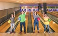 Best friends posing in victory position at bowling track Royalty Free Stock Photo